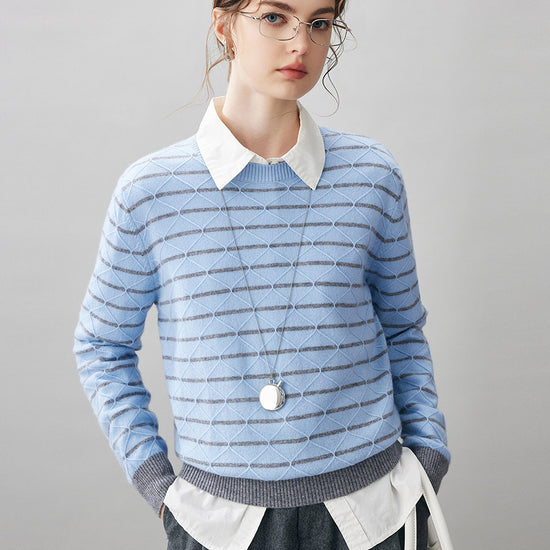 COMOBOCA Light Blue 100% Cashmere Women's Striped Round Neck Knit Sweater