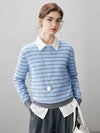 COMOBOCA Light Blue 100% Cashmere Women's Striped Round Neck Knit Sweater