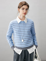 COMOBOCA Light Blue 100% Cashmere Women's Striped Round Neck Knit Sweater