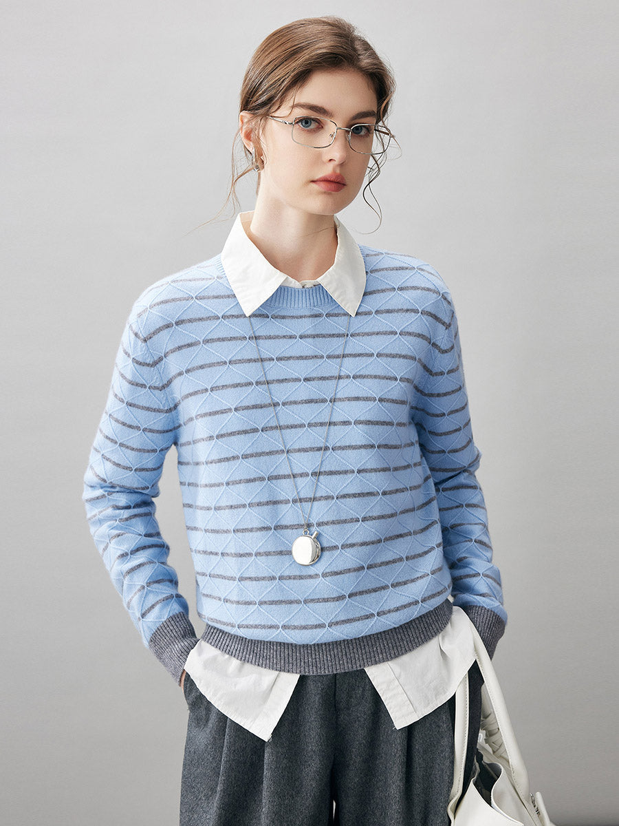 COMOBOCA Light Blue 100% Cashmere Women's Striped Round Neck Knit Sweater