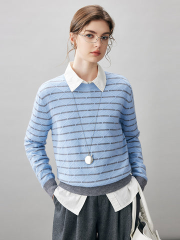 COMOBOCA Light Blue 100% Cashmere Women's Striped Round Neck Knit Sweater
