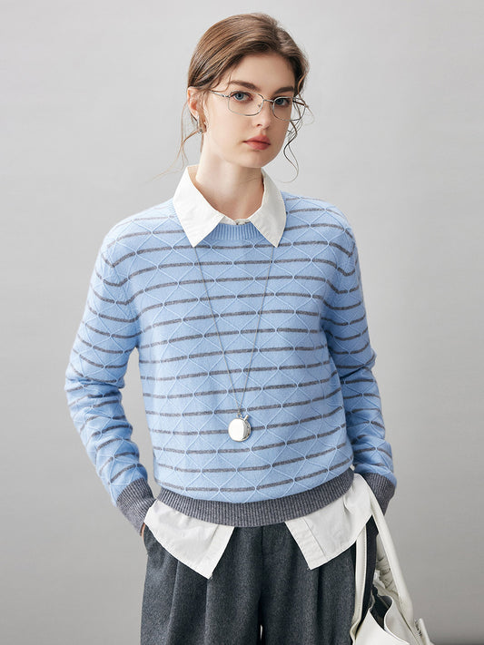 COMOBOCA Light Blue 100% Cashmere Women's Striped Round Neck Knit Sweater
