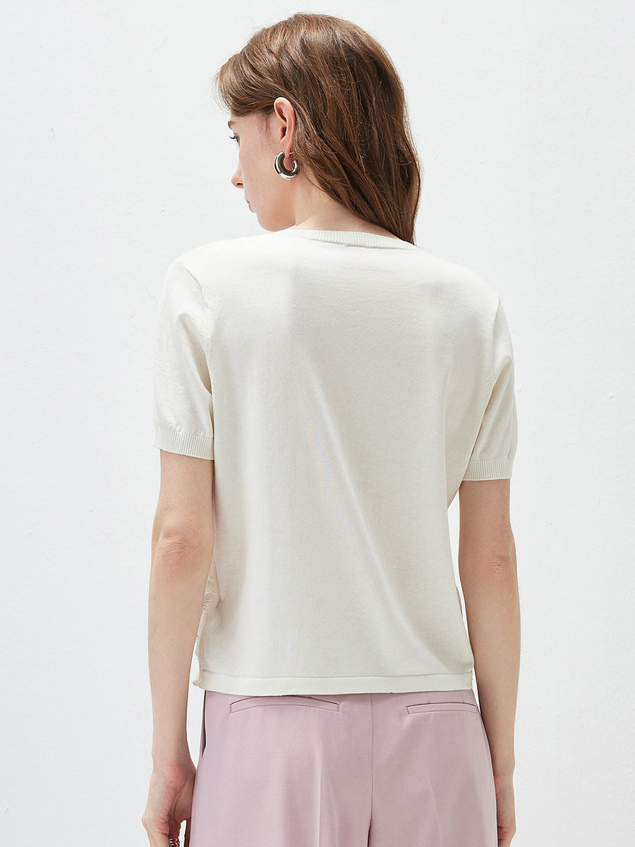 COMOBOCA Women's Floral Lace Trim Knit T-Shirt