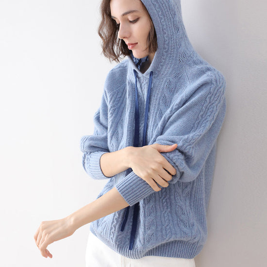 COMOBOCA BLUE 100% Cashmere Women's Solid Color Sweater Hoodie