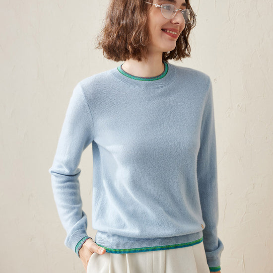COMOBOCA Light Blue 100% Cashmere Women's Color Accented Knit Pullover Sweater