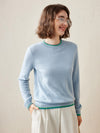 COMOBOCA Light Blue 100% Cashmere Women's Color Accented Knit Pullover Sweater