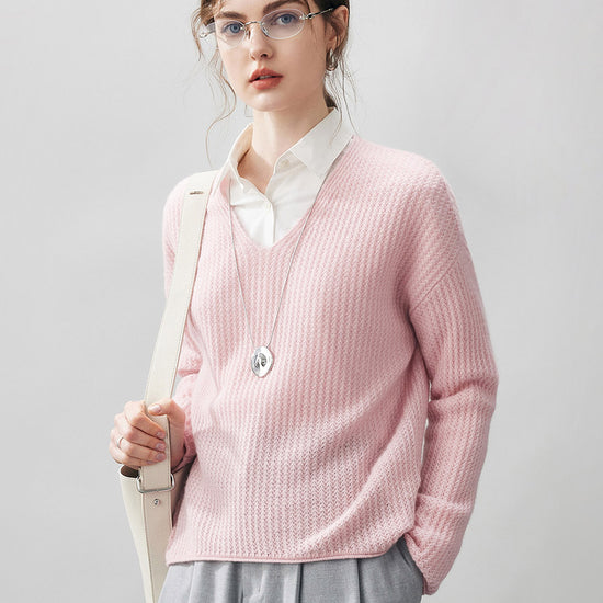 COMOBOCA 100% Cashmere Women's Ribbed V-Neck Knit Sweater