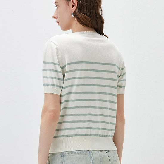 COMOBOCA Women's Striped Knit T-Shirt with Attached Shawl