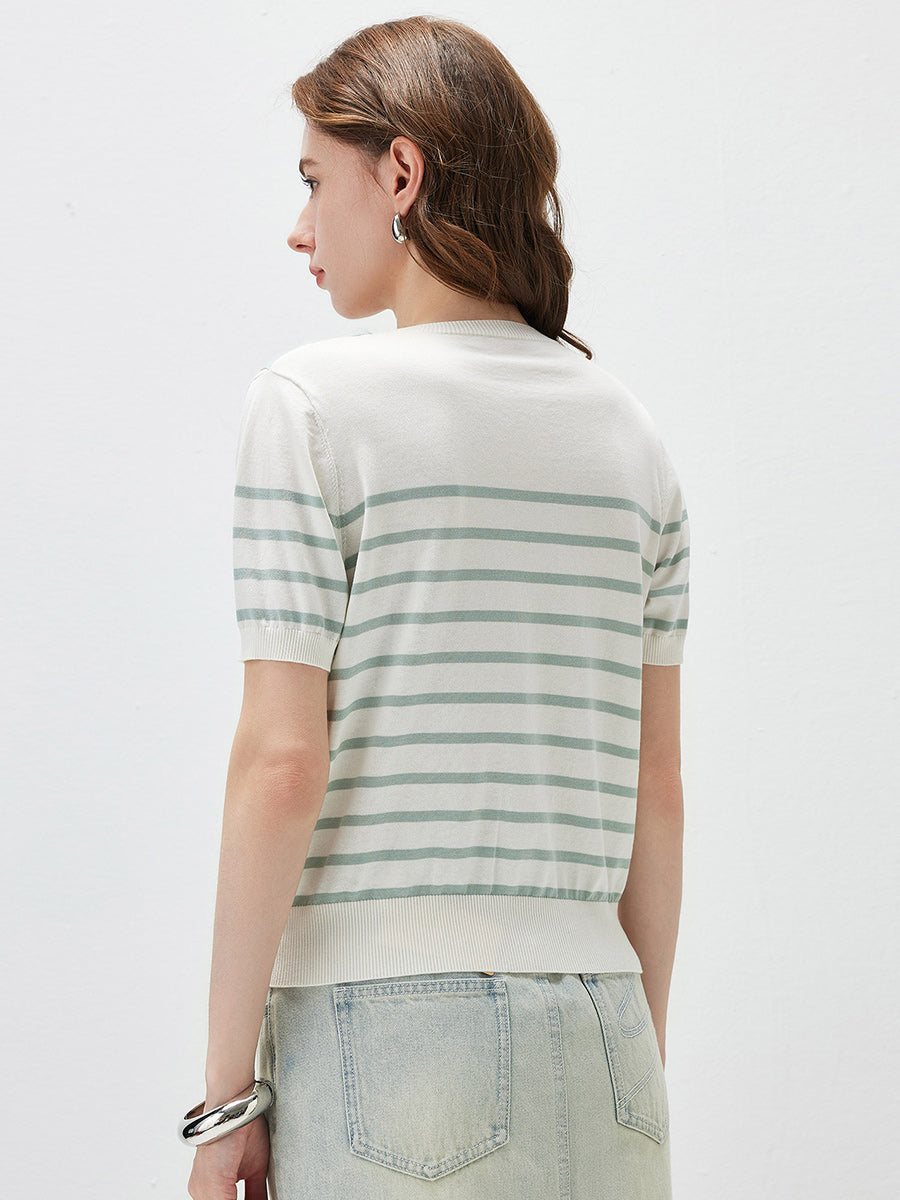 COMOBOCA Women's Striped Knit T-Shirt with Attached Shawl