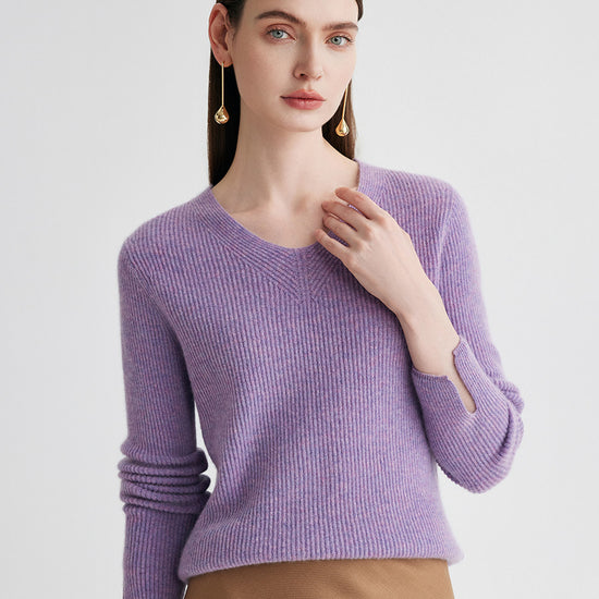 COMOBOCA Purple 100% Cashmere Women's V-Neck Ribbed Knit Sweater