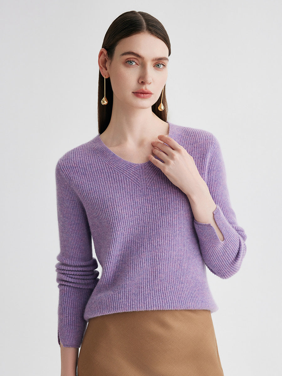 COMOBOCA Purple 100% Cashmere Women's V-Neck Ribbed Knit Sweater