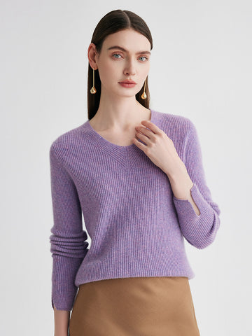 COMOBOCA Purple 100% Cashmere Women's V-Neck Ribbed Knit Sweater