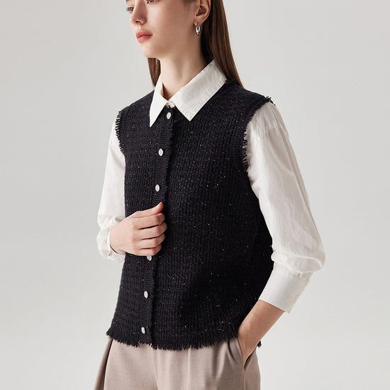 COMOBOCA 100% Wool Women's Button Down Frayed Hem Knit Vest
