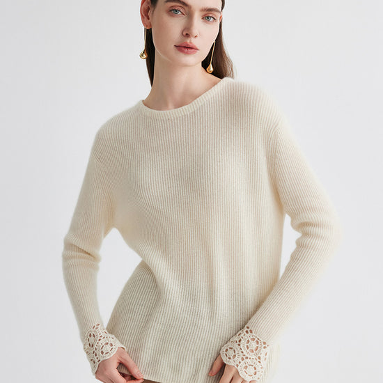 COMOBOCA 100% Cashmere Women's Ribbed Crochet Lace Cuffs Sweater