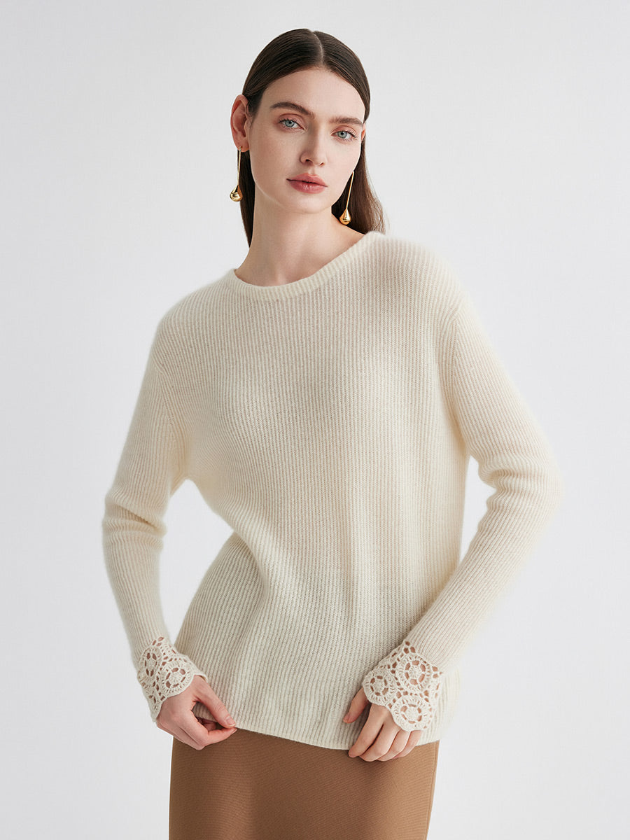 COMOBOCA 100% Cashmere Women's Ribbed Crochet Lace Cuffs Sweater