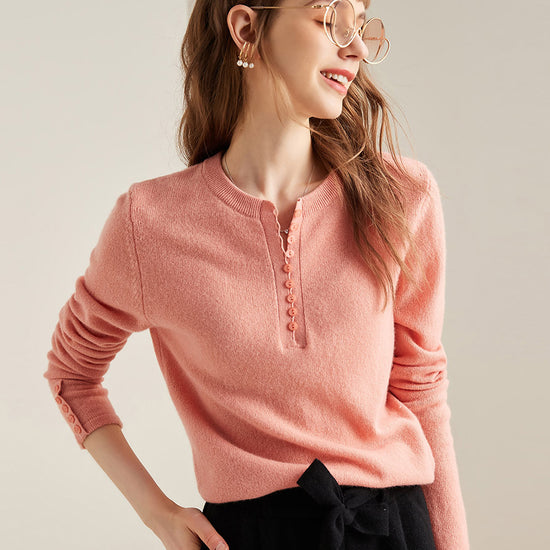 COMOBOCA CORAL PINK 100% Cashmere Women's Round Neck Knit Sweater