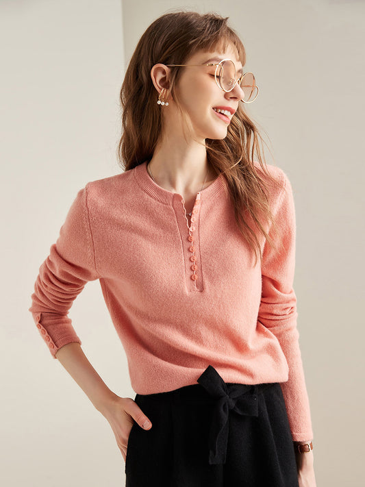 COMOBOCA CORAL PINK 100% Cashmere Women's Round Neck Knit Sweater