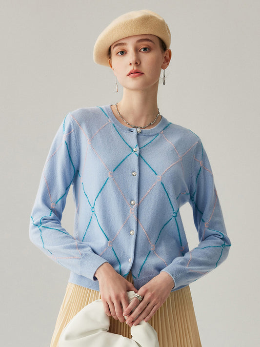 COMOBOCA Light Blue 100% Cashmere Women's Diamond Patterned Pearl Button Cardigan