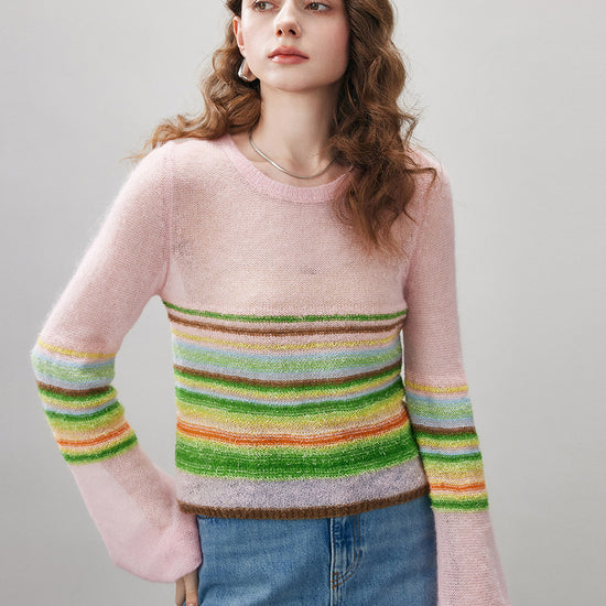 COMOBOCA Women's Rainbow Striped Flared Sleeve Sweater