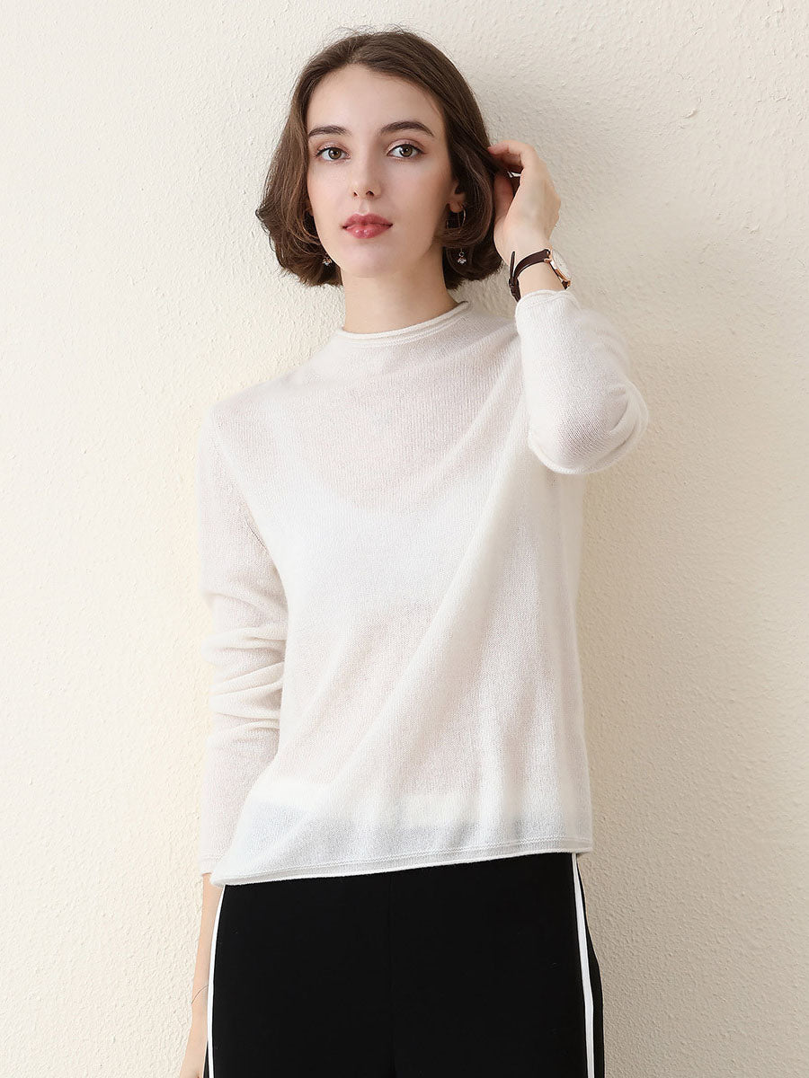 COMOBOCA WHITE 100% Cashmere Women's Round Neck Knit sweater
