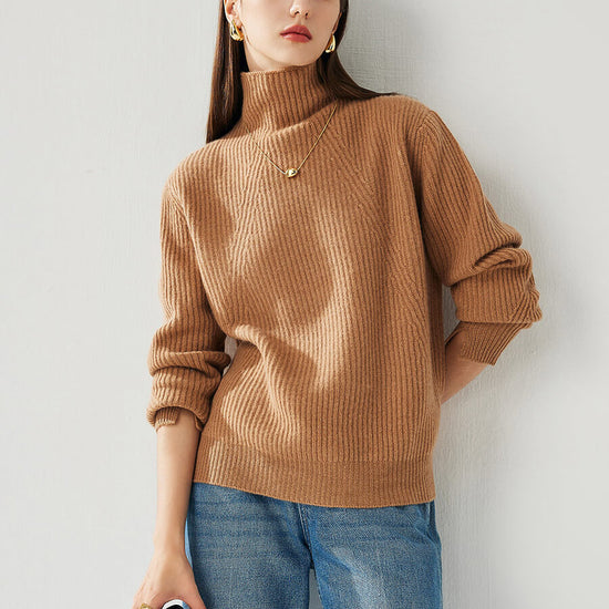 COMOBOCA Brown 100% Cashmere Women's Turtleneck Ribbed Sweater