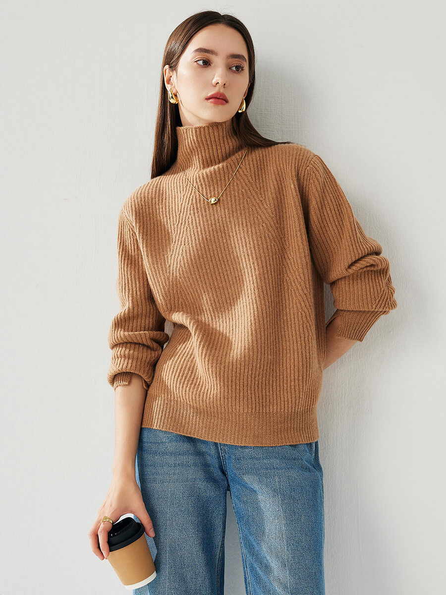 COMOBOCA Brown 100% Cashmere Women's Turtleneck Ribbed Sweater