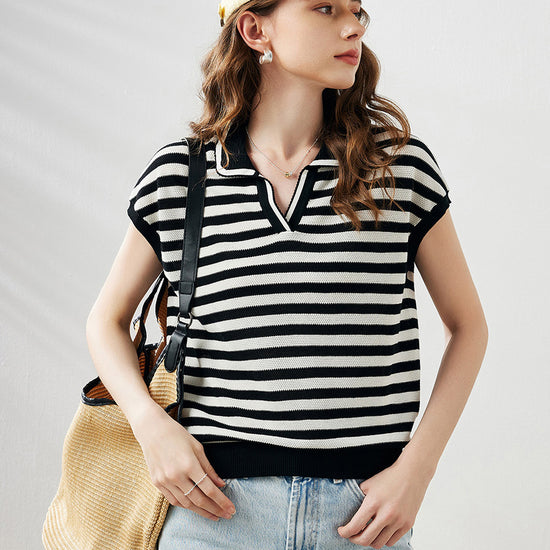 COMOBOCA Black Women's Striped Polo Knit T-Shirt