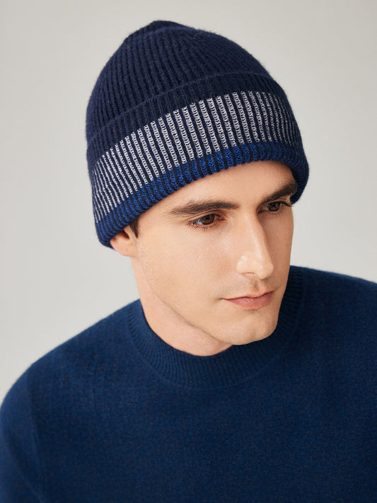 COMOBOCA Navy Blue 100% Wool Men's Striped Ribbed Knit Beanie