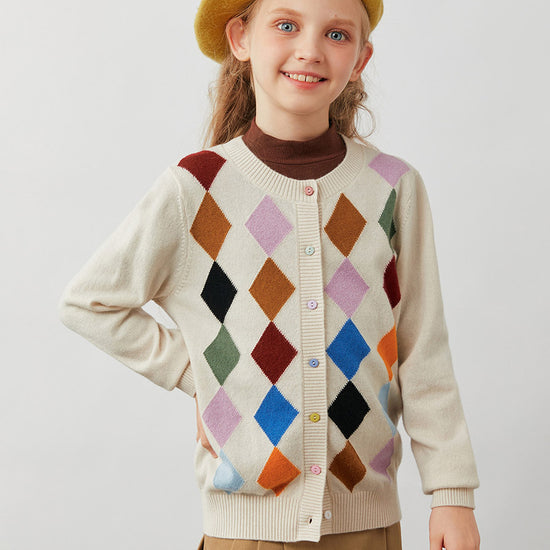 COMOBOCA 100% Wool Kids' Colorful Buttons Argyle Cardigan