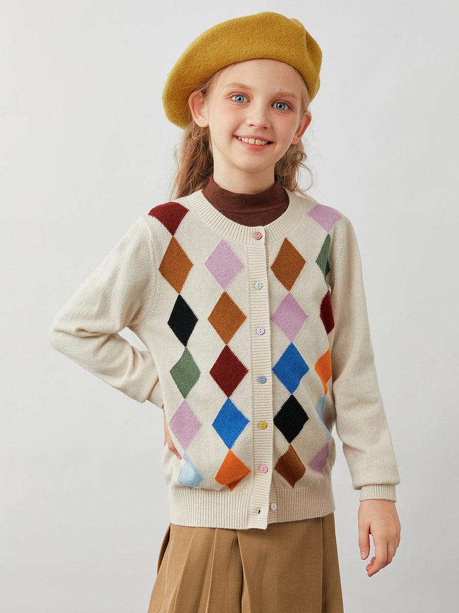 COMOBOCA 100% Wool Kids' Colorful Buttons Argyle Cardigan