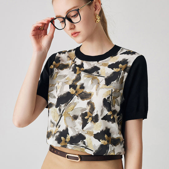 COMOBOCA Black Women's Cotton Silk Floral Ribbed Print Knit T-Shirt