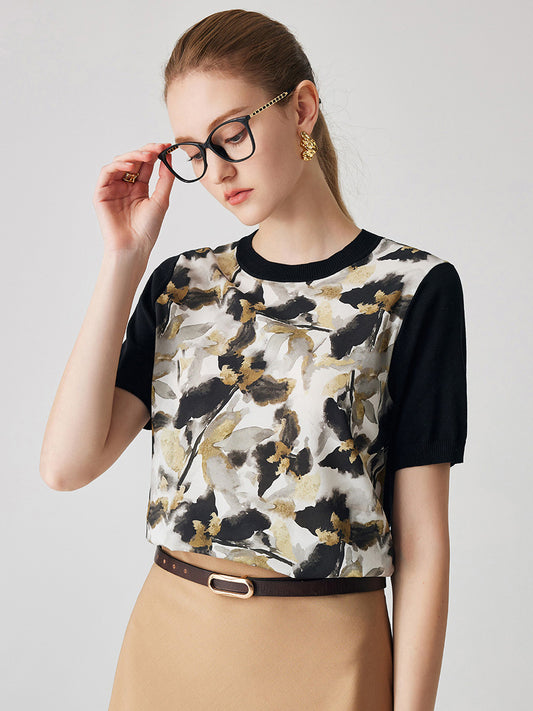 COMOBOCA Black Women's Cotton Silk Floral Ribbed Print Knit T-Shirt