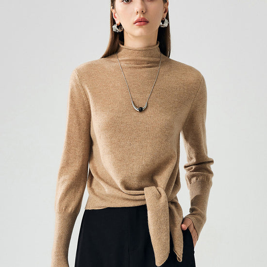 COMOBOCA Beige 100% Cashmere Women's Mock Neck Tie-Waist Sweater