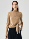 COMOBOCA Beige 100% Cashmere Women's Mock Neck Tie-Waist Sweater