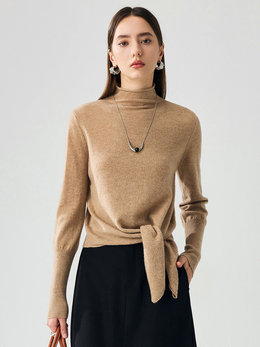 COMOBOCA Beige 100% Cashmere Women's Mock Neck Tie-Waist Sweater