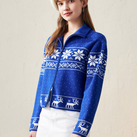 COMOBOCA BLUE 100% Wool Women's Winter Wonderland Knit Cardigan