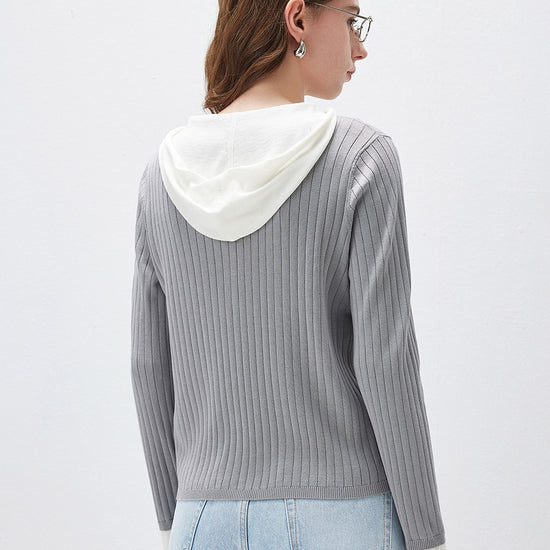 COMOBOCA Women's Layered Ribbed Knit Hooded Henley Top