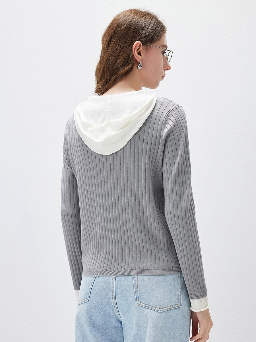 COMOBOCA Women's Layered Ribbed Knit Hooded Henley Top