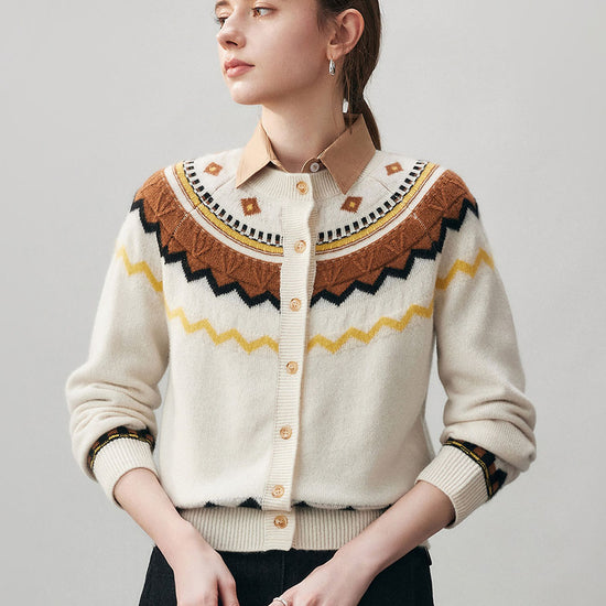 COMOBOCA Beige 100% Cashmere Women's Fair Isle Button Down Cardigan