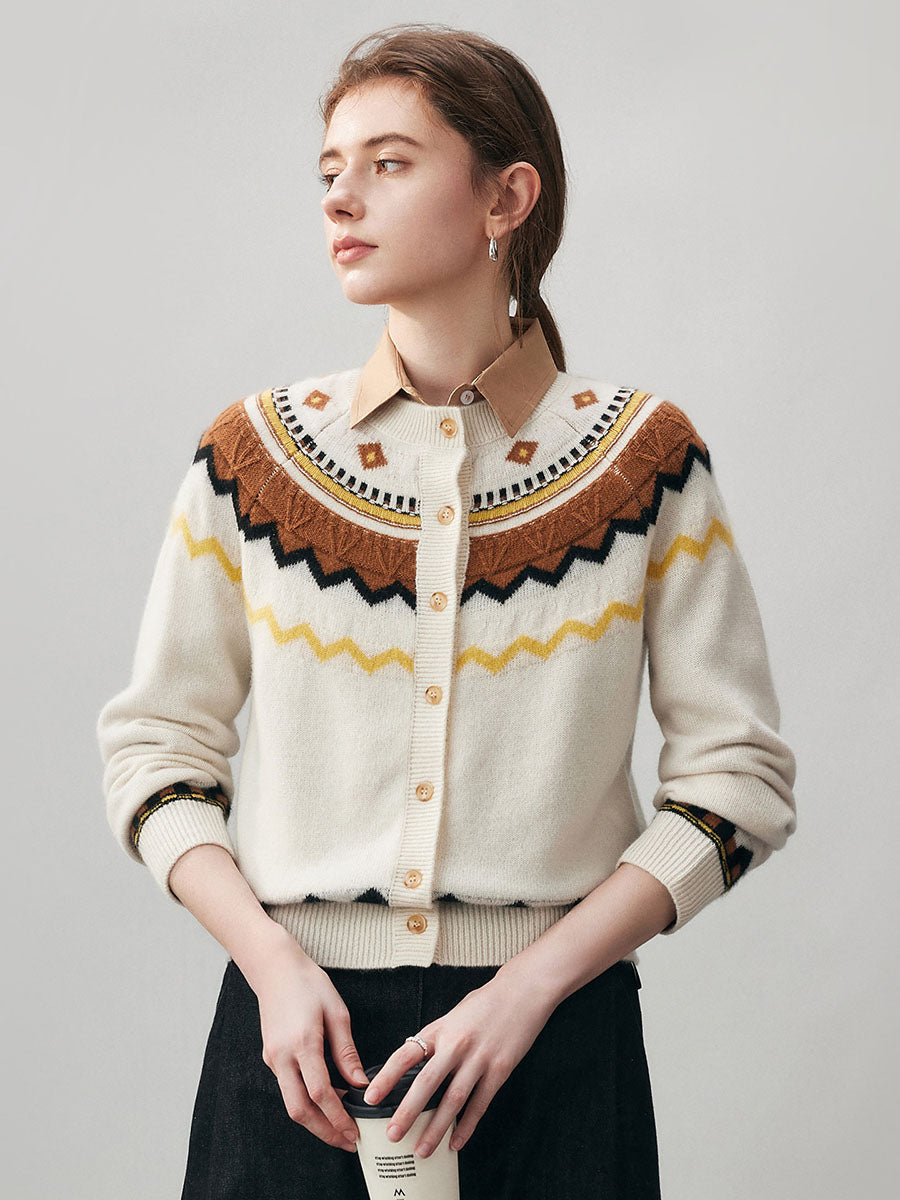 COMOBOCA Beige 100% Cashmere Women's Fair Isle Button Down Cardigan