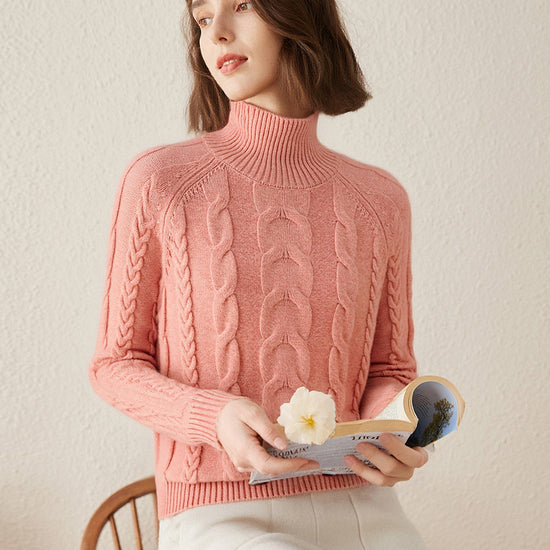 COMOBOCA 100% Cashmere Women's Turtleneck Cable Knit Sweater