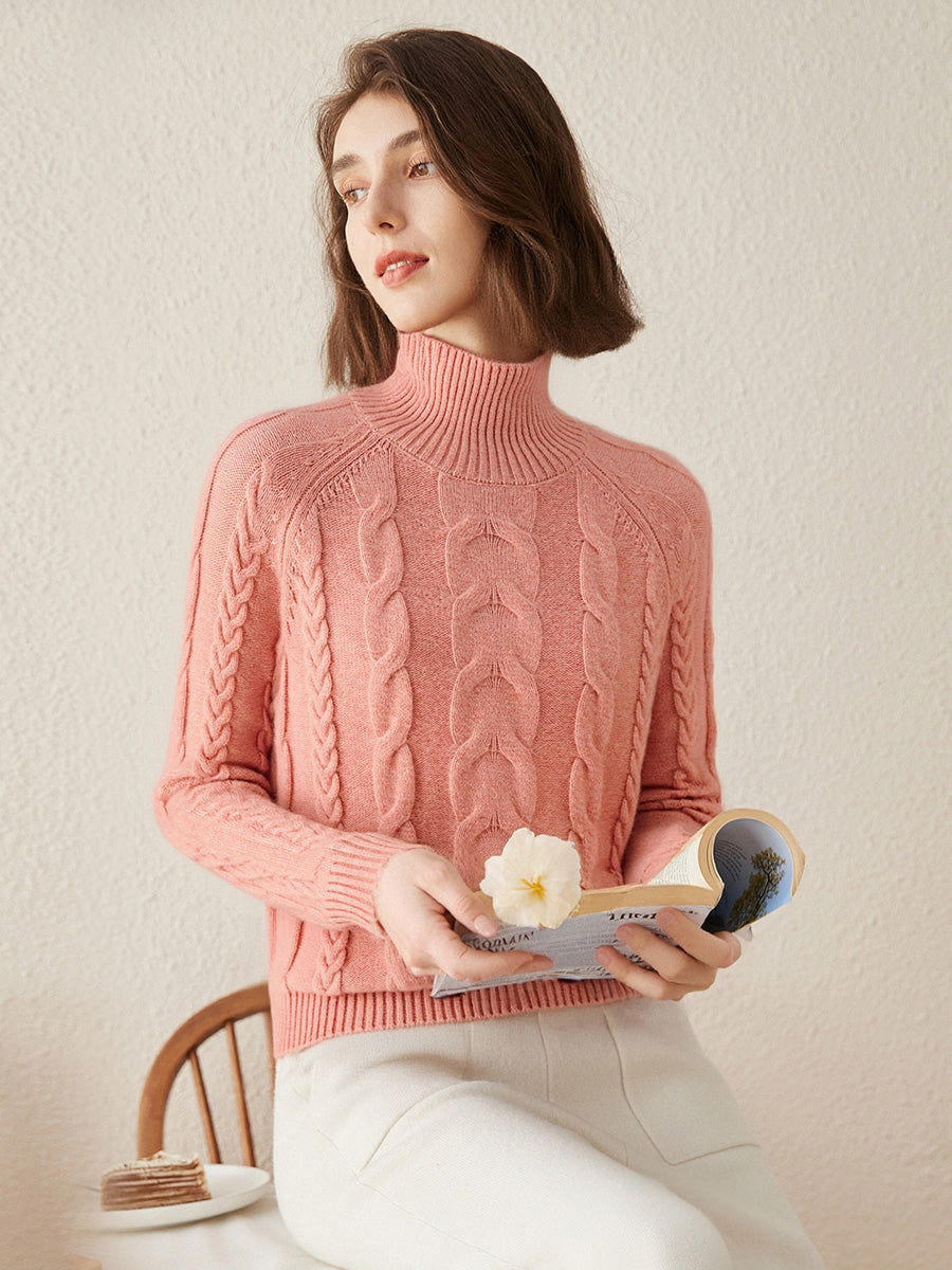 COMOBOCA 100% Cashmere Women's Turtleneck Cable Knit Sweater