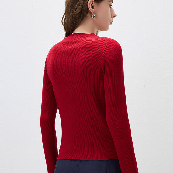 COMOBOCA Women's Ribbed Contrast Trim Henley Knit Sweater