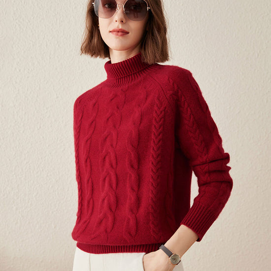 COMOBOCA 100% Cashmere Women's Turtleneck Cable Knit Sweater