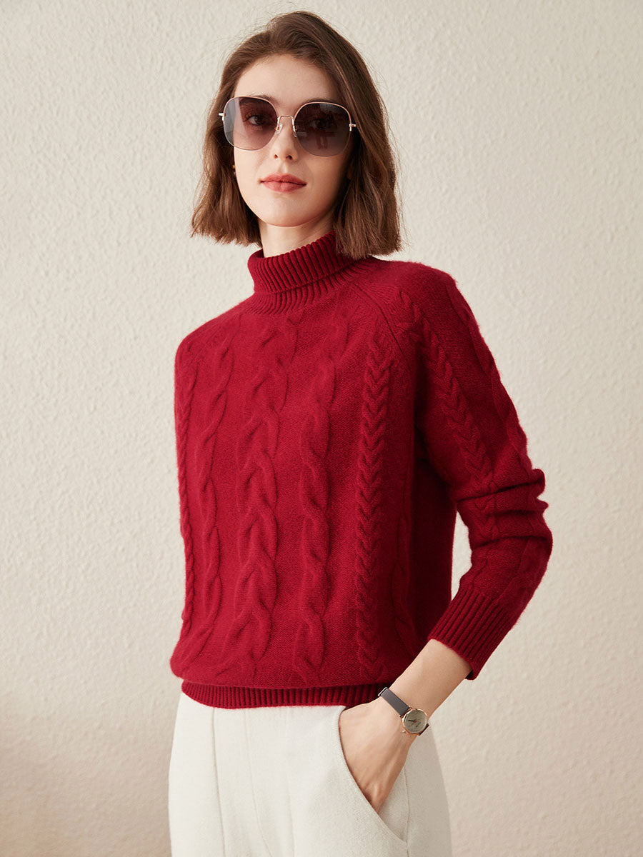 COMOBOCA 100% Cashmere Women's Turtleneck Cable Knit Sweater
