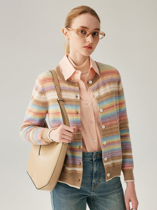 COMOBOCA Striped 100% Cashmere Women's Striped Button Down Cardigan