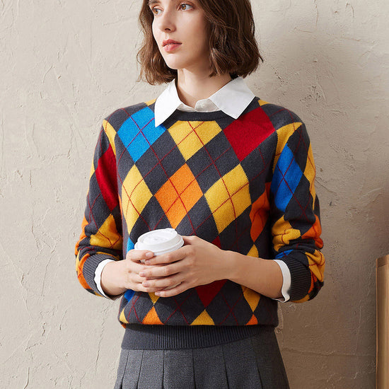 COMOBOCA Gray 100% Cashmere Women's Argyle Pattern Colorful Knit Sweater