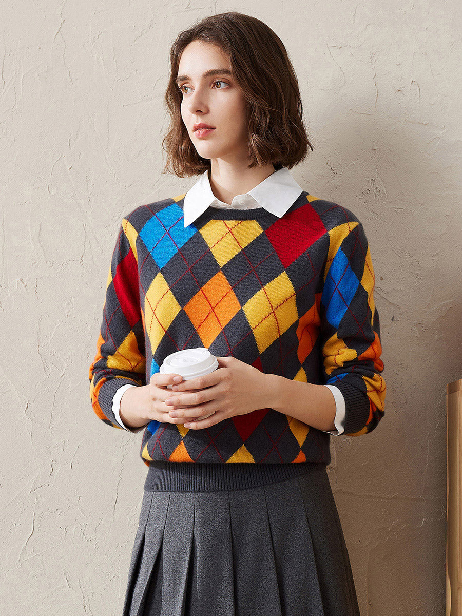 COMOBOCA Gray 100% Cashmere Women's Argyle Pattern Colorful Knit Sweater