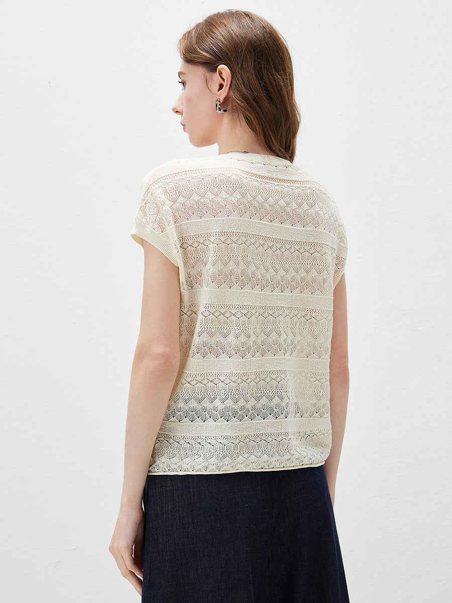 COMOBOCA Women's Openwork Striped Sleeveless Knit T-Shirt