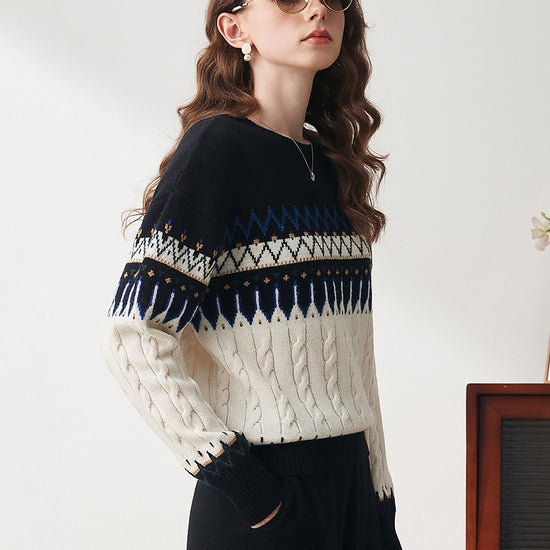 COMOBOCA 100% Wool Women's Nordic Pattern Cable Knit Sweater
